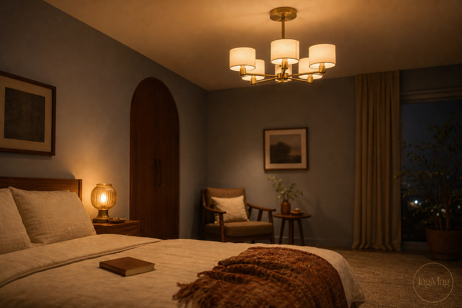 bedroom chandelier glowing softly over a calm Indian bedroom at night