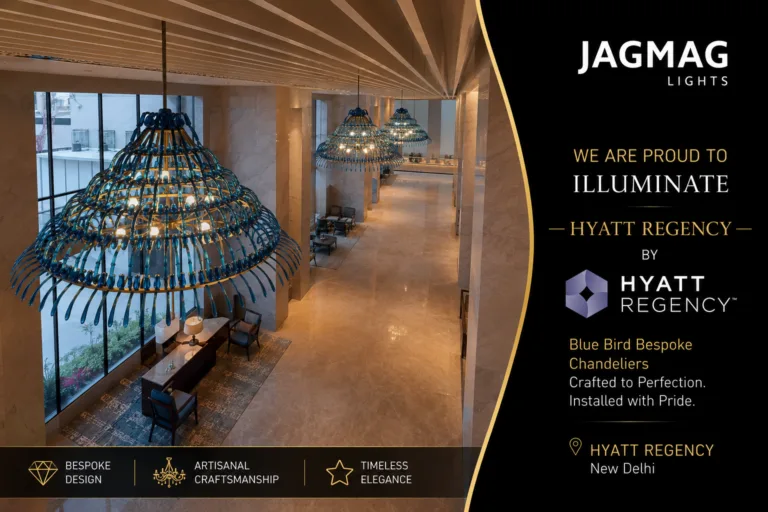 Bespoke hotel chandelier with blue glass birds at Hyatt Regency by JagMag Lights