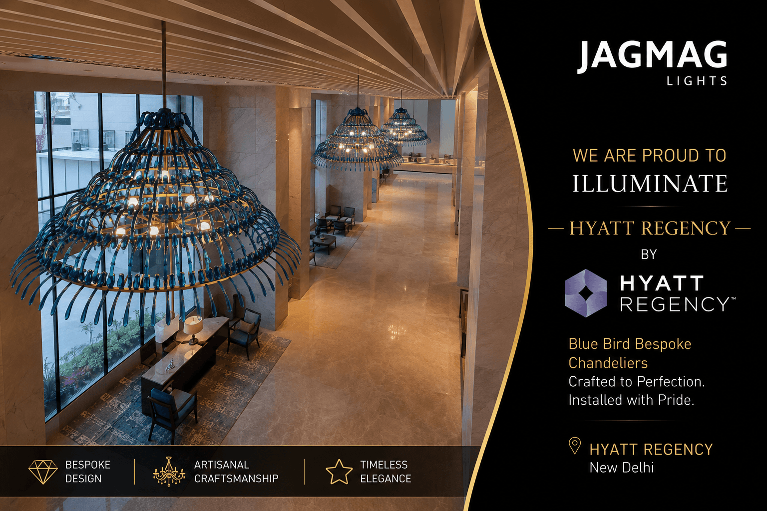 Bespoke hotel chandelier with blue glass birds at Hyatt Regency by JagMag Lights