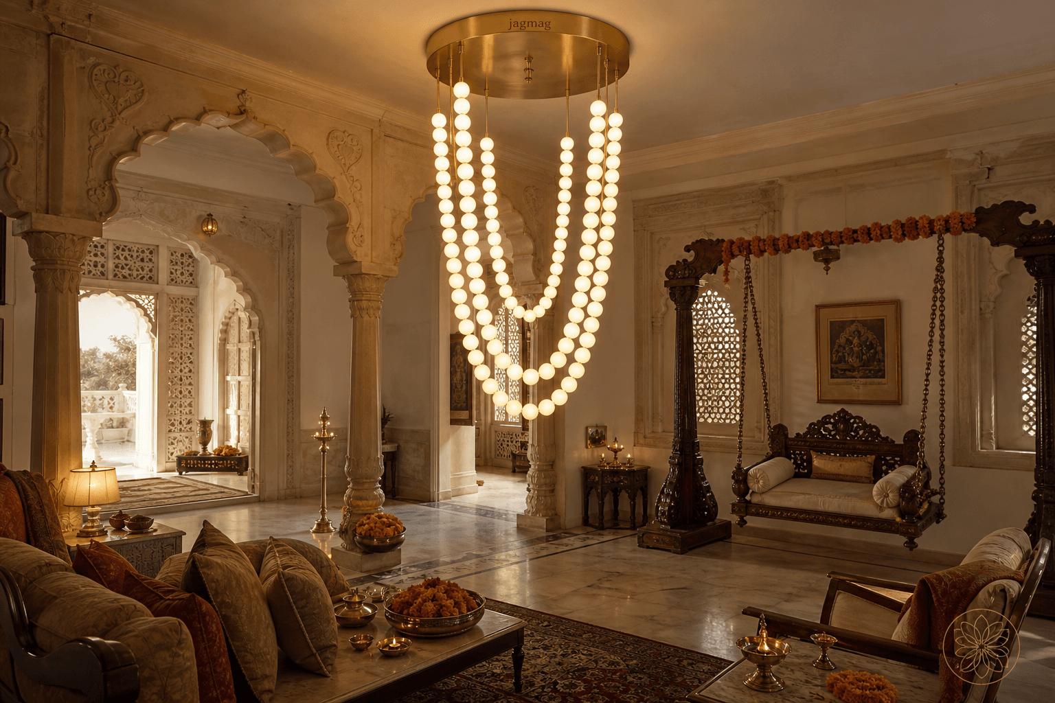 Chandeliers in India a draped pearl orb chandelier glowing in a heritage haveli with carved arches and marigolds