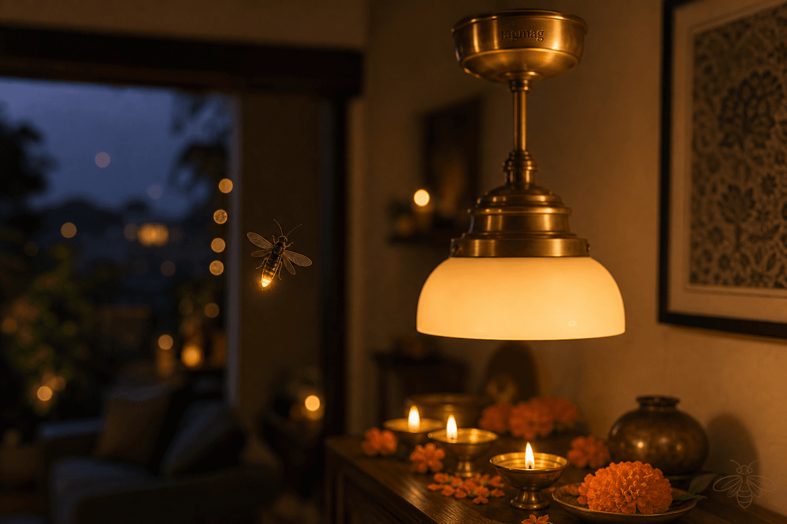 JagMag Lights logo with a golden glow and a glowing firefly over Diwali diyas