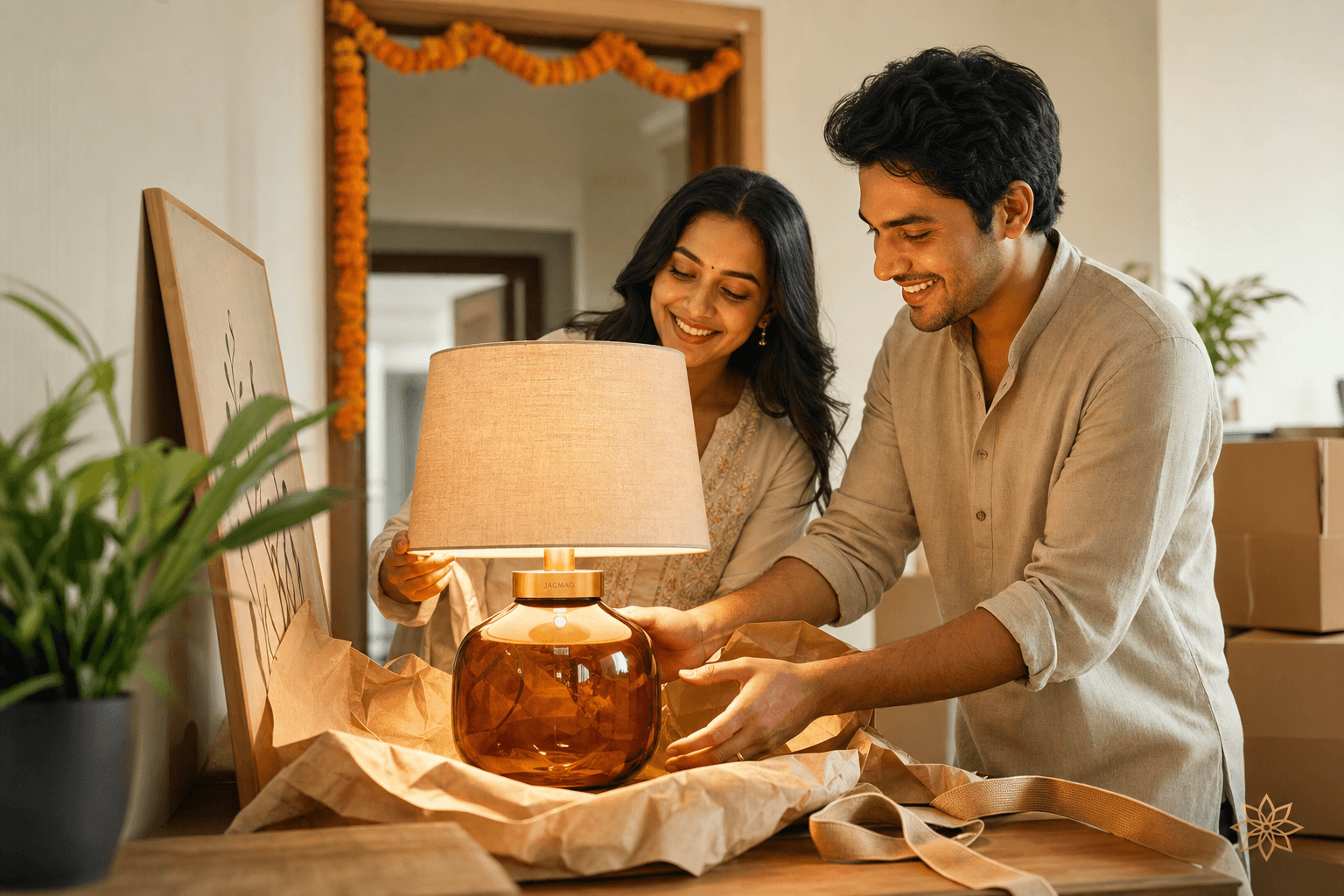 Lighting gifts for housewarming a happy couple with a glowing amber glass table lamp as a gift