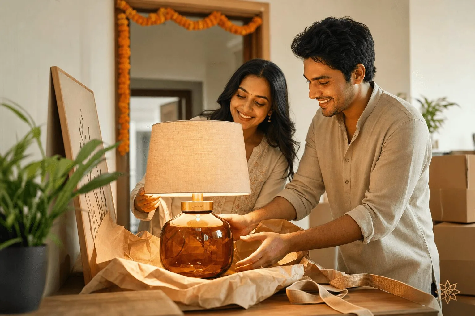 Lighting gifts for housewarming: a couple unwraps an amber glass table lamp with a linen shade in a new home