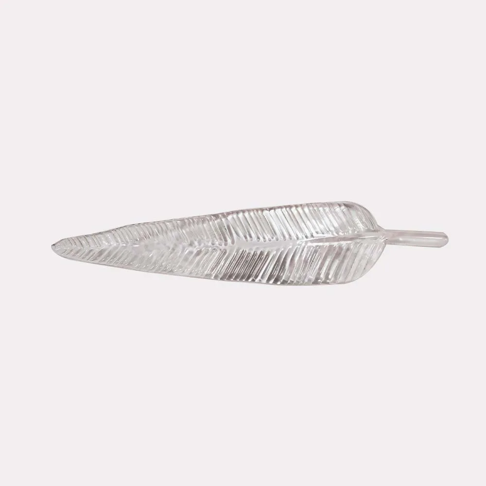 Clear borosilicate Ashok glass leaf chandelier component, full view
