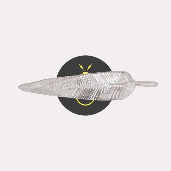 Clear borosilicate glass Ashok leaf lighting component, angled view