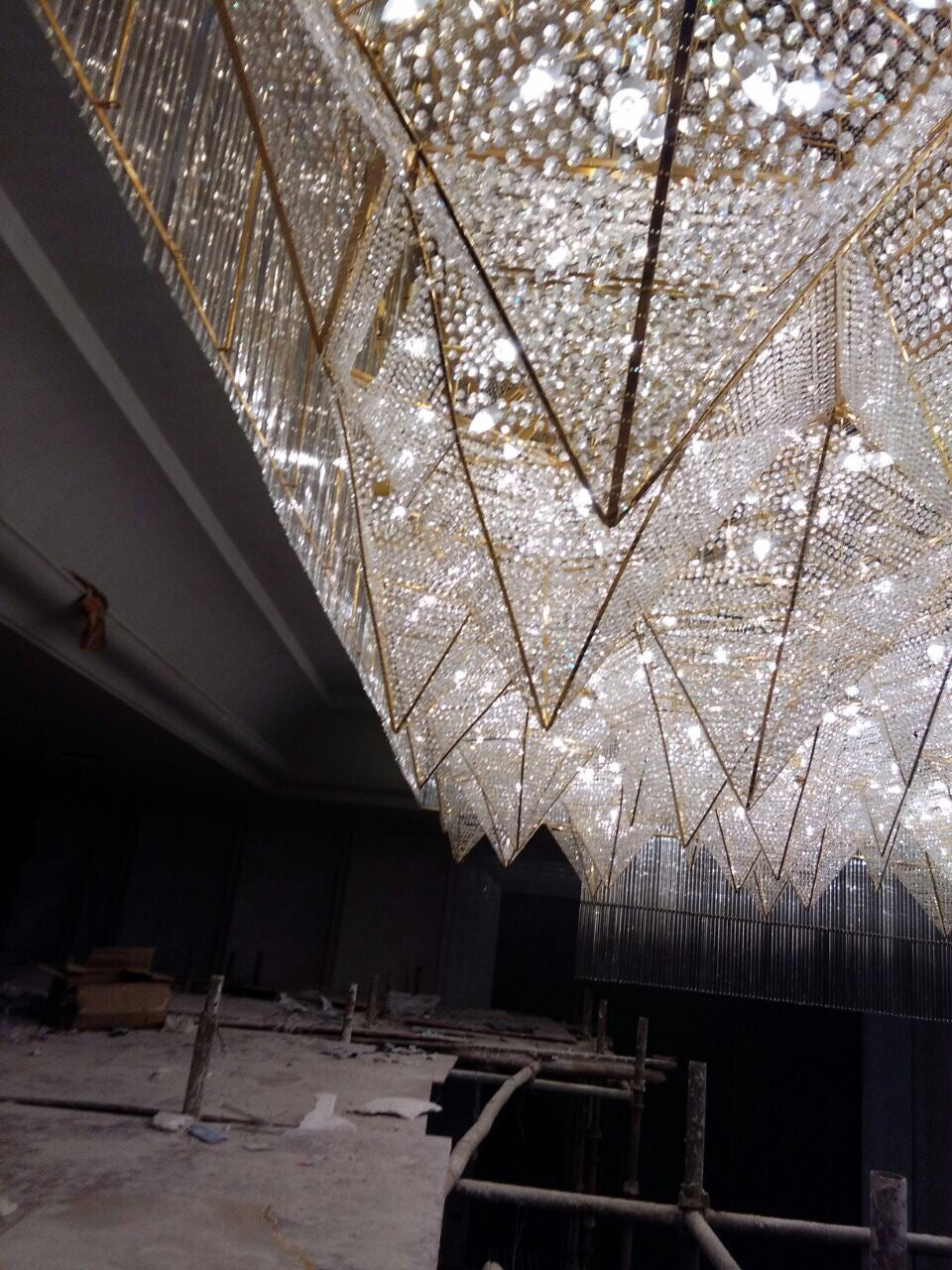 Underside view of the geometric crystal ceiling installation at Zestin Luminary Sahibabad