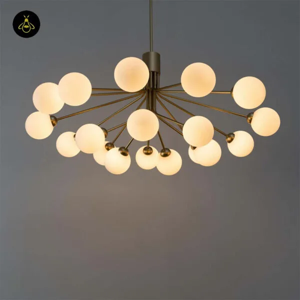 Illuminated gold 18-globe glass ball chandelier with brass sputnik arms and warm opal shades