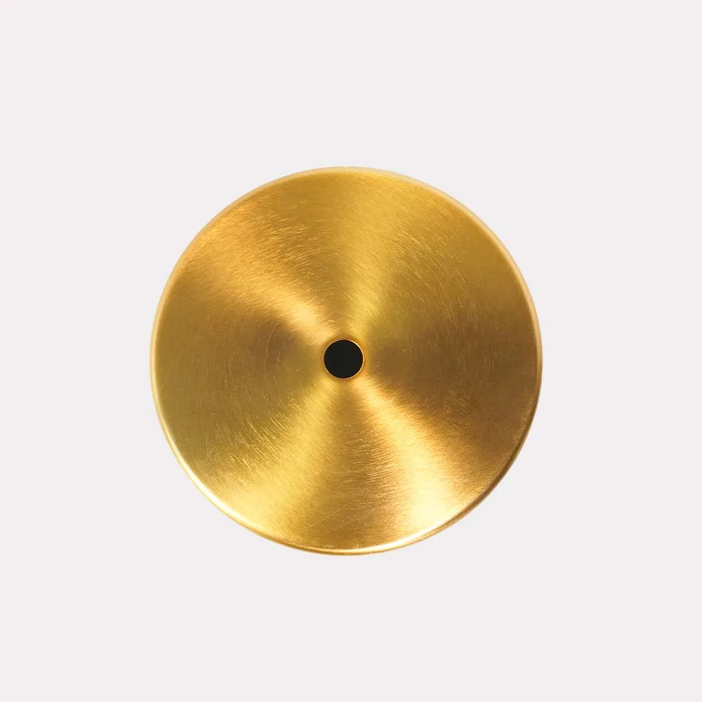 Round 4-inch gold-finish metal chandelier base plate with central cable hole, top view – Jagmag Lights