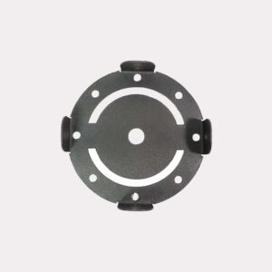 Metallic circular component with multiple holes on a white background