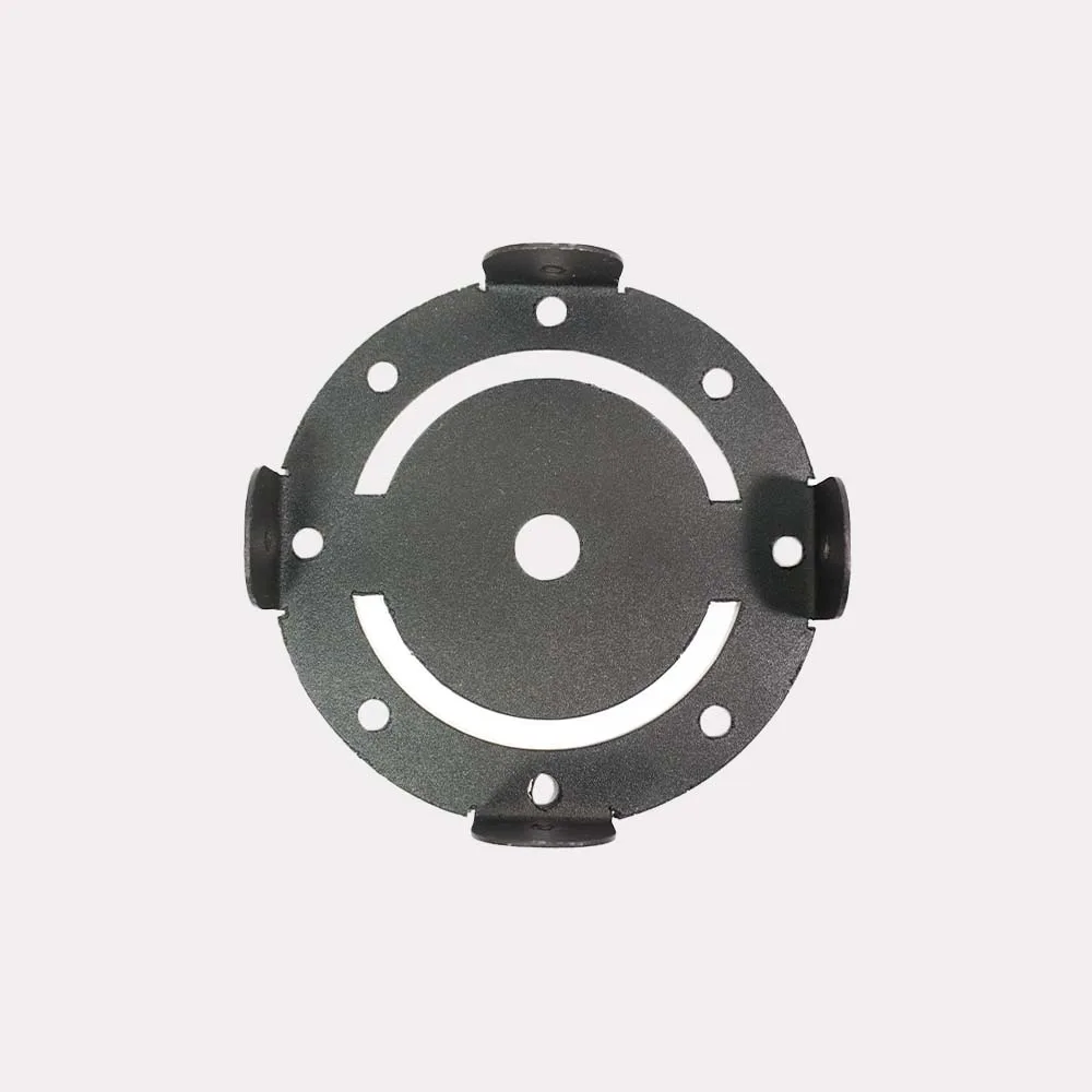 Ceiling light mounting bracket in gray metal — round 4-inch plate with central rod hole and twin adjustment slots – Jagmag Lights