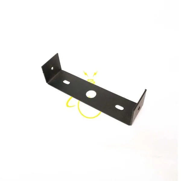 Black U-channel chandelier mounting bracket in 304-grade stainless steel, angled view showing both bent side flanges with fixing holes