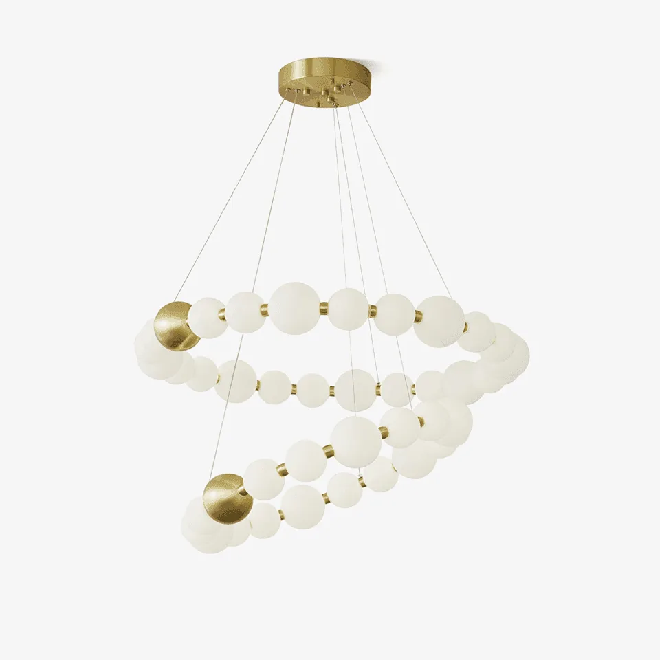 2 tier chandelier with two rings of matte-white globes and brass-finish caps under a round canopy
