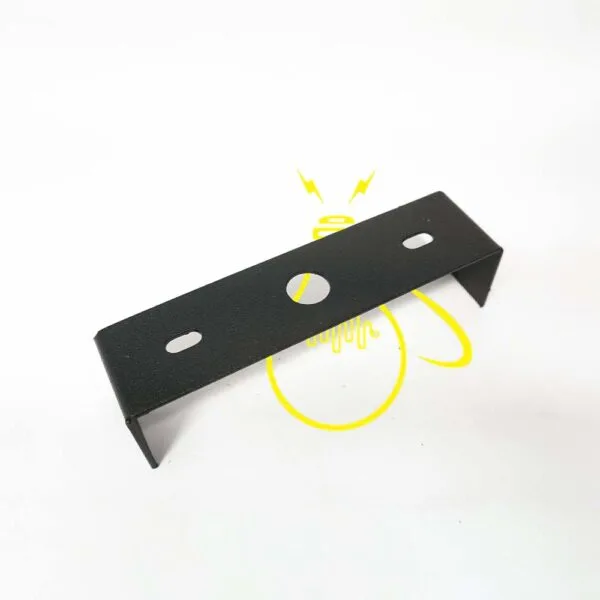 Black stainless steel chandelier mounting bracket, side angle showing the bent flanges and slotted adjustment holes