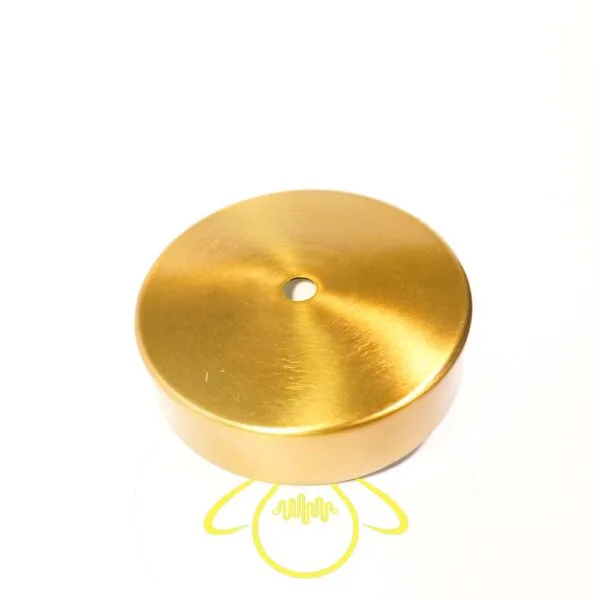 Gold-finish stainless steel ceiling canopy plate for chandeliers and pendant lights, angled view – Jagmag Lights