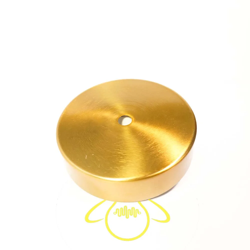 Chandelier Base Plate – 4-Inch Round Gold Metal Ceiling Plate 3 Gold-finish metal ceiling canopy plate for chandeliers and pendant lights, angled view – Jagmag Lights