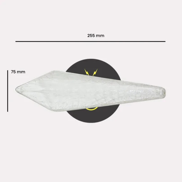 Crystal edge glass bar dimensions: 255 mm long and 75 mm wide, in clear borosilicate glass