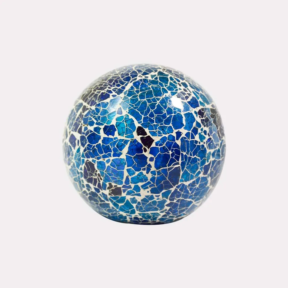 Blue aqua-crackle borosilicate glass ball lighting component, full view