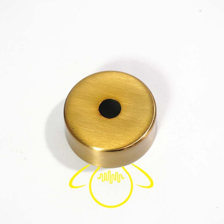 Gold candle cup cover for chandelier arms showing central rod hole, stainless steel finish