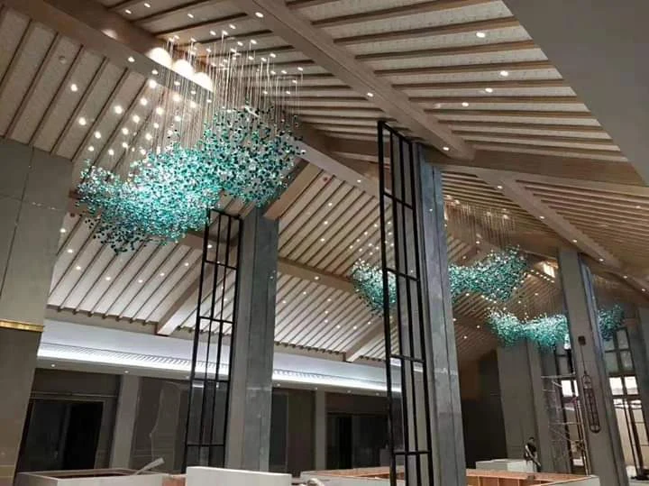 Six large ceiling lights and chandeliers installed at The Grand Aura Hotel Jammu