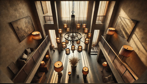 Living room with chandelier, wall lights, and layered decorative lighting
