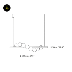 Linear glass ball chandelier dimensions diagram showing 120 cm length and 30 cm body height