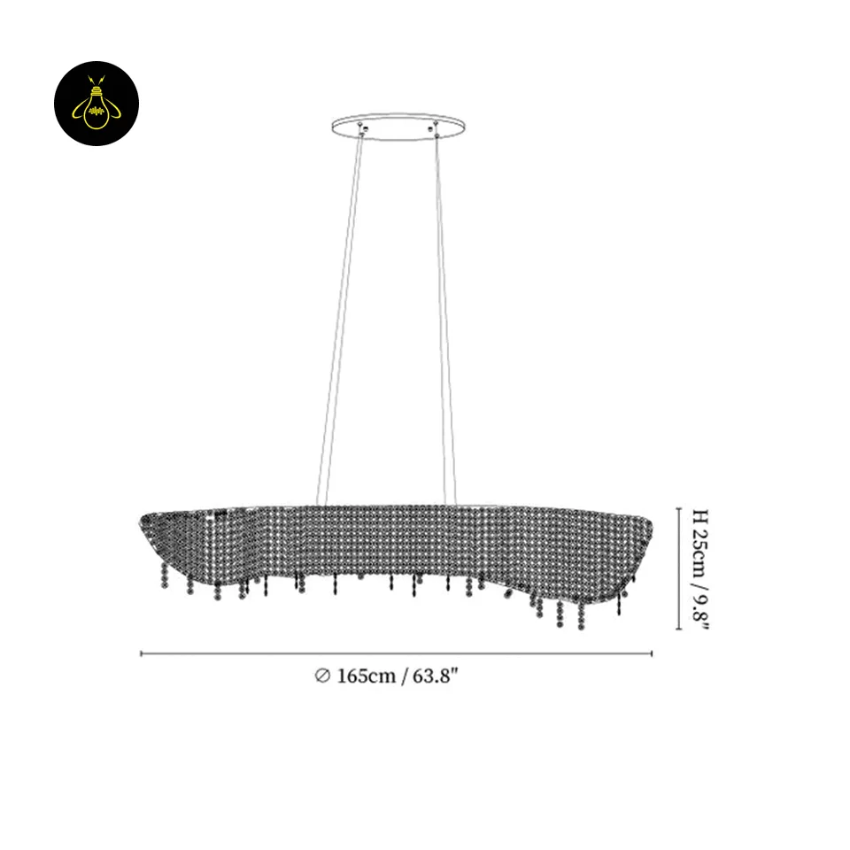 Linear Crystal Chandelier – 165 cm K9 Crystal, Chrome Finish, for Dining Room 3 Crystal chandelier for dining room dimensions diagram - 165 cm length and 25 cm height