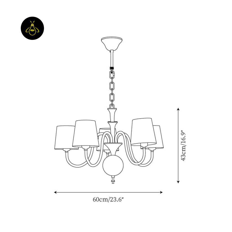 White Fabric Chandelier – 5-Light Shabby Chic Pendant, 60 cm 3 White fabric chandelier dimensions diagram – 60 cm wide and 43 cm tall with 5 arms