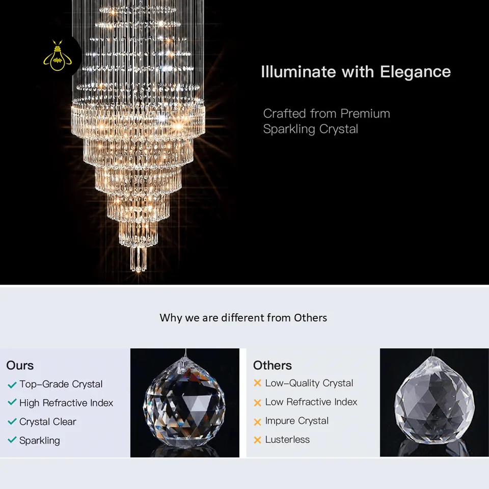 Raindrop Crystal Chandelier – Multi-Tier K9 Cascade for Staircase & Foyer 3 Top-grade K9 crystal quality detail of the raindrop crystal chandelier for staircases and foyers