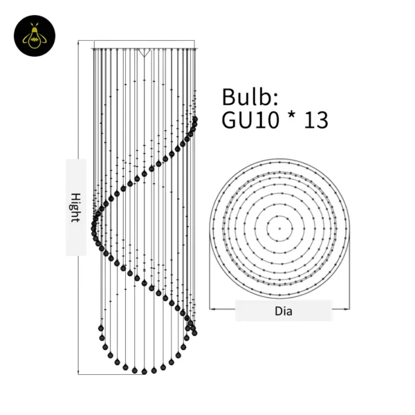 Spiral raindrop chandelier diagram showing height and diameter with GU10 LED bulb layout