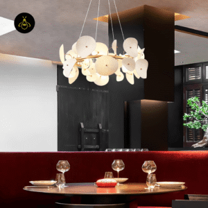 Lotus petal chandelier over a round dining table in a modern restaurant