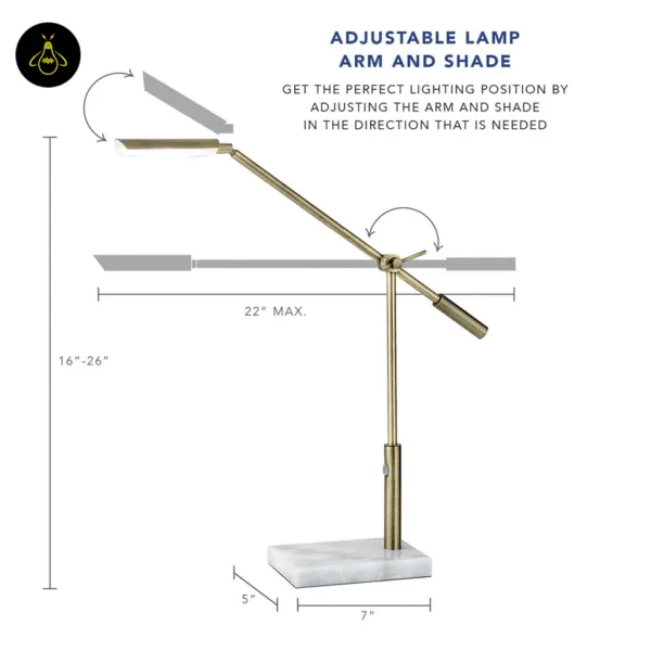 Antique brass desk lamp dimensions: 16 to 26 inch adjustable height, 22 inch arm reach and 7 by 5 inch marble base
