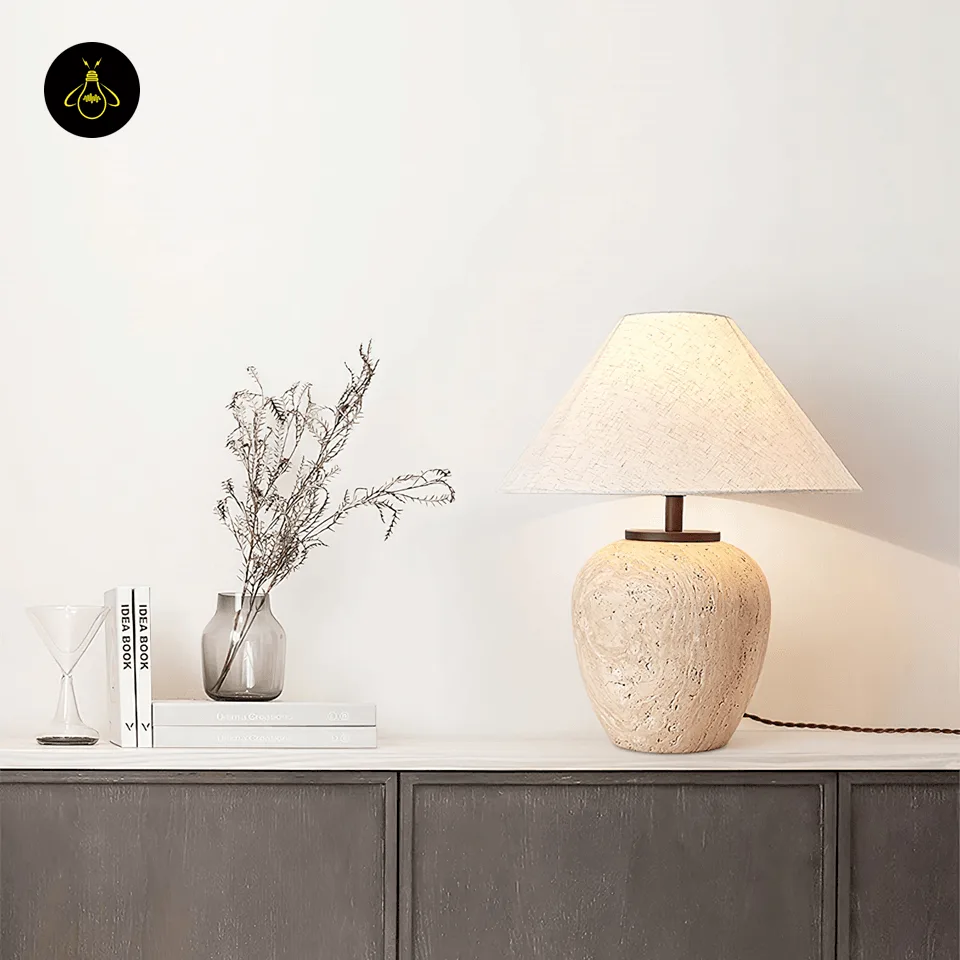 Travertine Finish Table Lamp with Fabric Shade – Hand-Polished Coating on Ceramic, 56 cm 6 Travertine table lamp illuminating a cozy living room