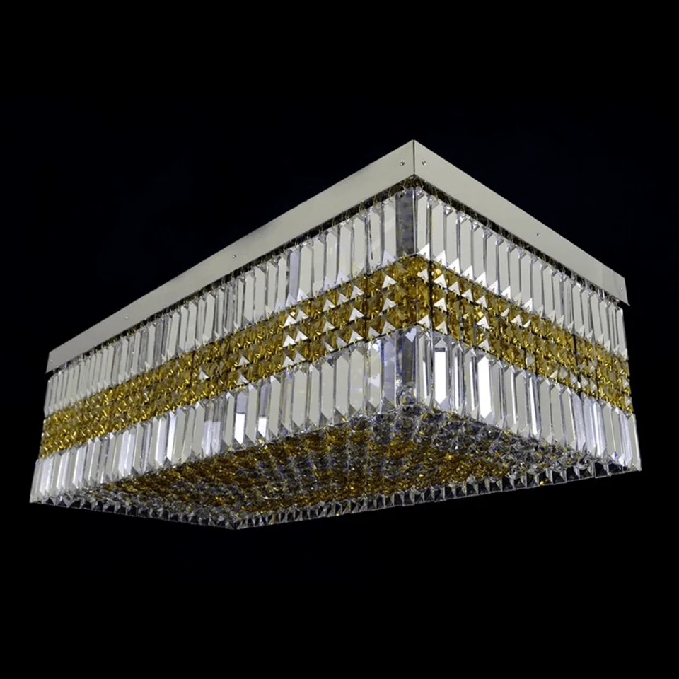 Crystal Ceiling Light – Rectangular Tiered Crystal Flush Mount, Gold or Black 2 Gold rectangular crystal ceiling light with tiered prism crystal — customizable flush-mount fixture by JagMag Lights