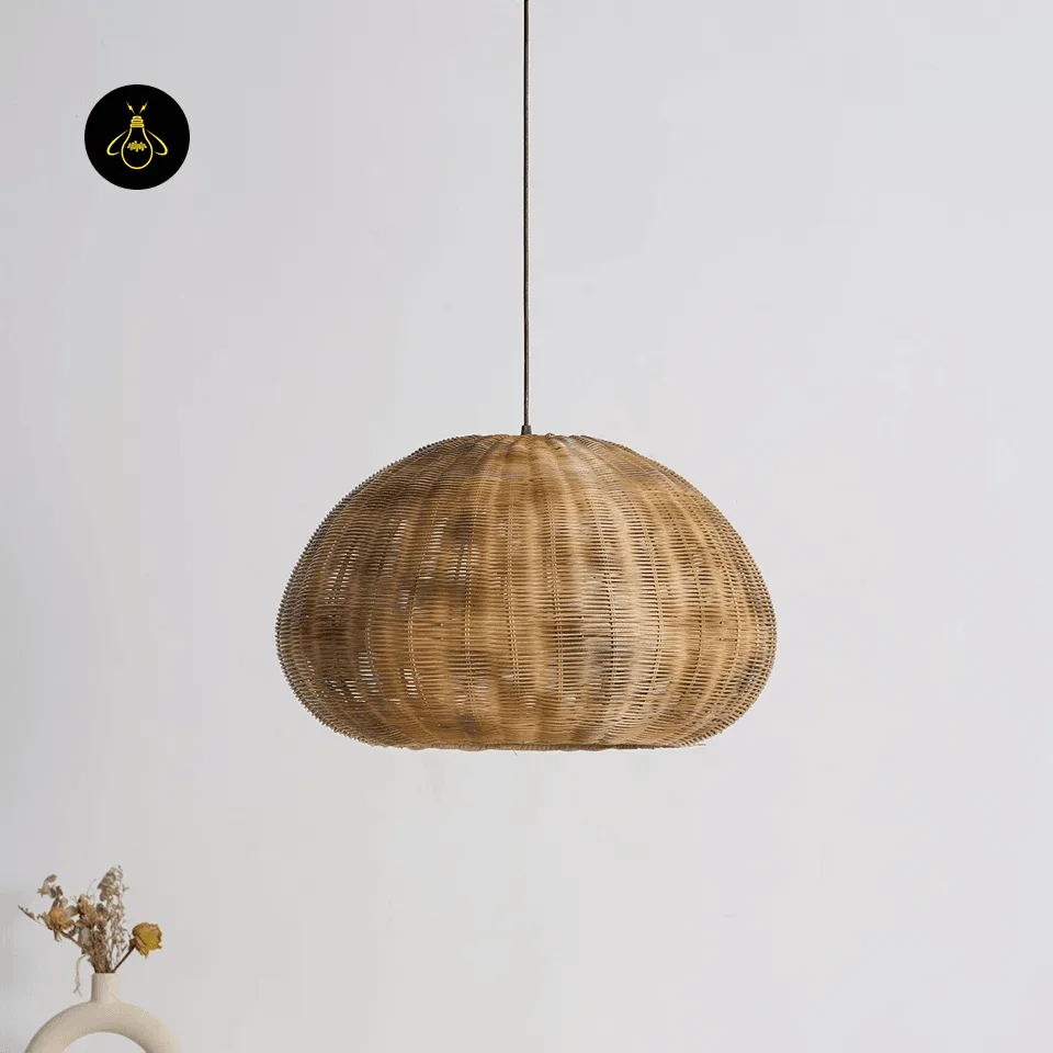 Bamboo Hanging Light – 60 cm Woven Dome Pendant for Kitchen & Dining 2 Woven bamboo pendant light with honey-finish dome hung over a dining area