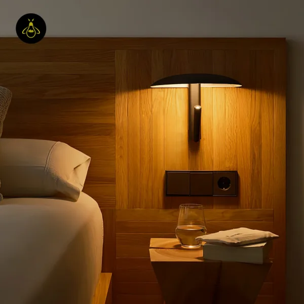 Wall light with reading light glowing above a bedside table on a wooden headboard wall