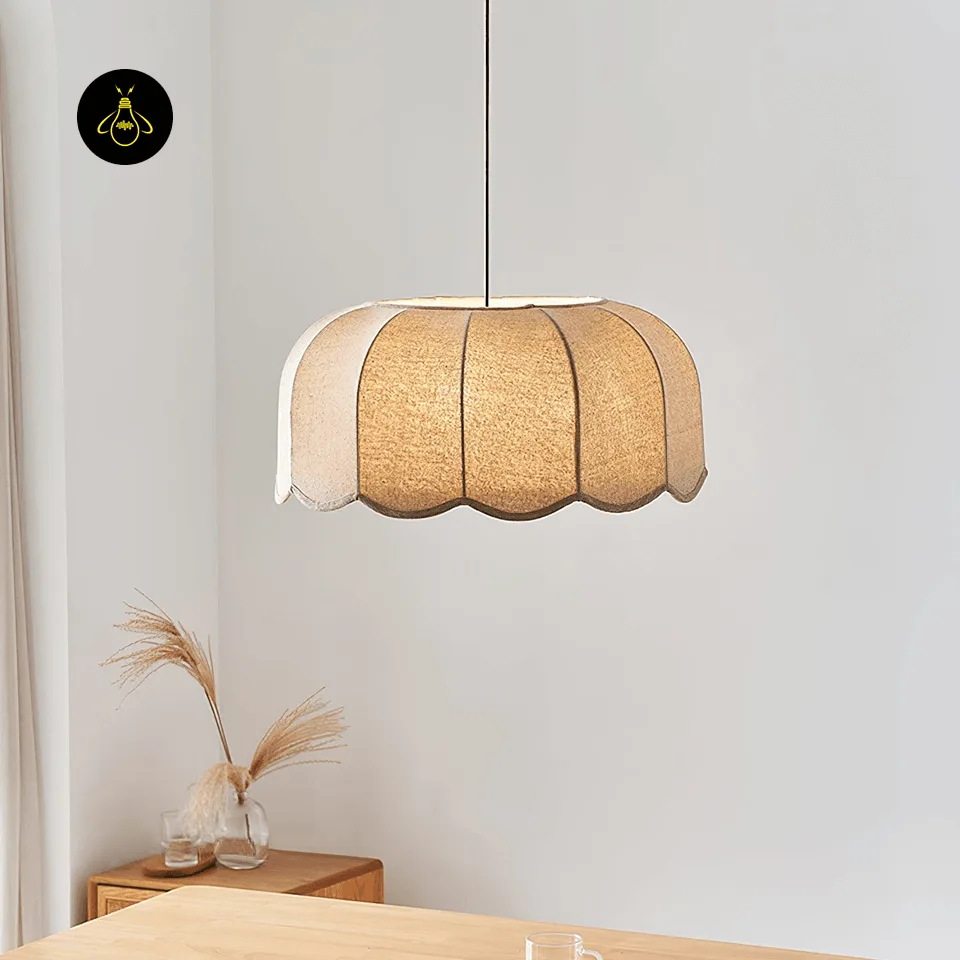 Fabric Pendant Light – Scalloped Beige Linen Shade, 45 cm 3 Beige fabric pendant light hanging over a dining table in an Indian home