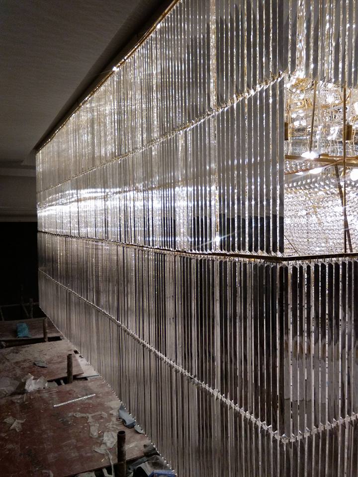 Side crystal rod cladding on the large banquet ceiling installation at Zestin Luminary Sahibabad