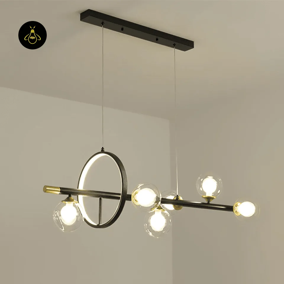 Dining Table Chandelier – 6-Globe Linear Glass & Brass Light with LED Ring, 120 cm 3 Black and gold dining table chandelier with six glass globe lights and a backlit accent ring