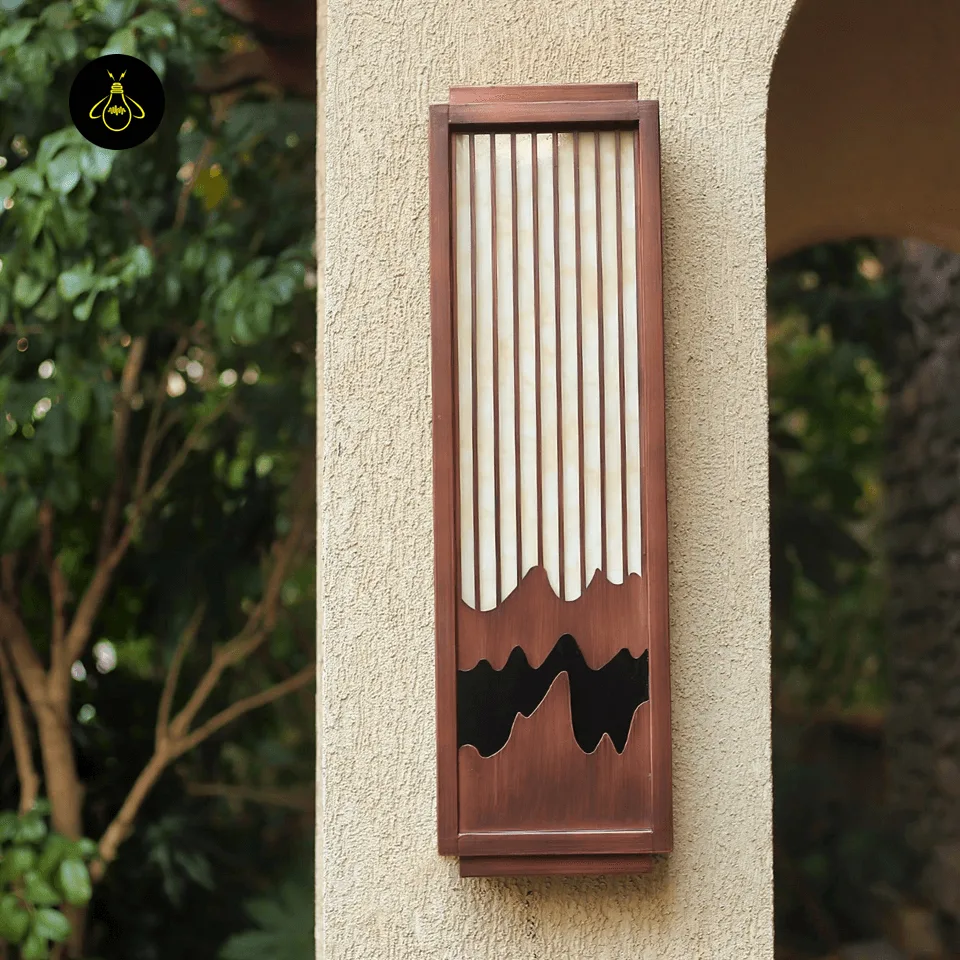 Garden Wall Lights - Premium 75 cm Alabaster Outdoor Sconce 6 Brown outdoor wall sconce with vertical slats and warm alabaster-style diffuser for patios