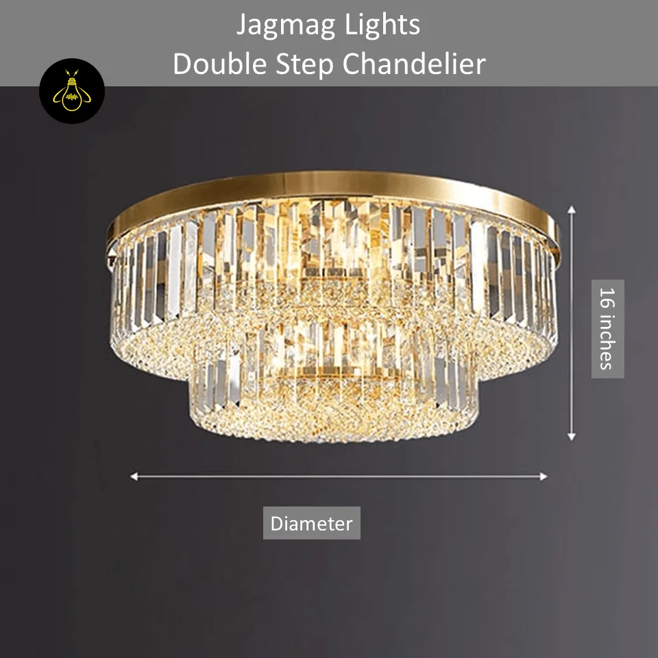 Crystal Ceiling Chandelier – Round Flush-Mount K9, 6 Sizes 6 Double-step gold crystal ceiling chandelier, 16-inch high flush mount