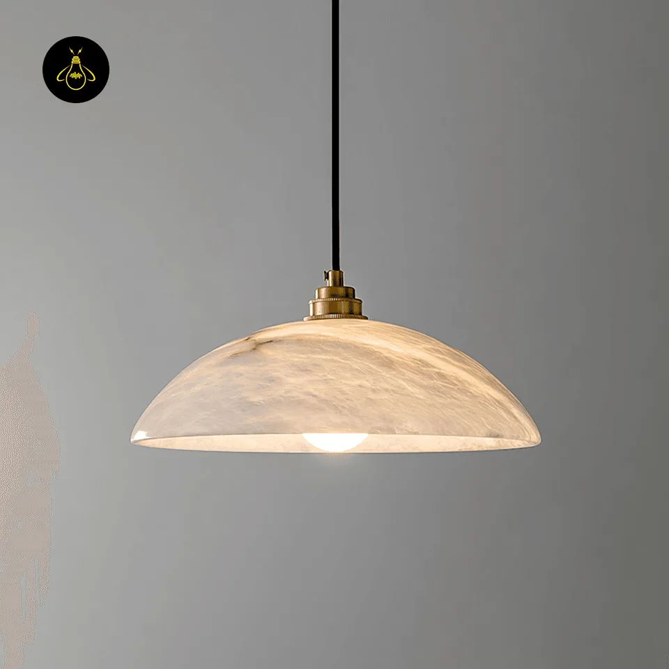 Alabaster Hanging Light – 30 cm Handcrafted Dome Pendant 4 Close-up of natural alabaster dome shade with warm glow and brass collar