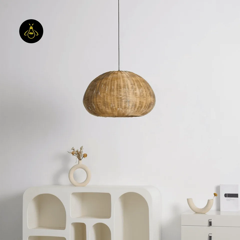 Bamboo Hanging Light – 60 cm Woven Dome Pendant for Kitchen & Dining 4 Bamboo dome pendant light styled over a console in a minimalist living room