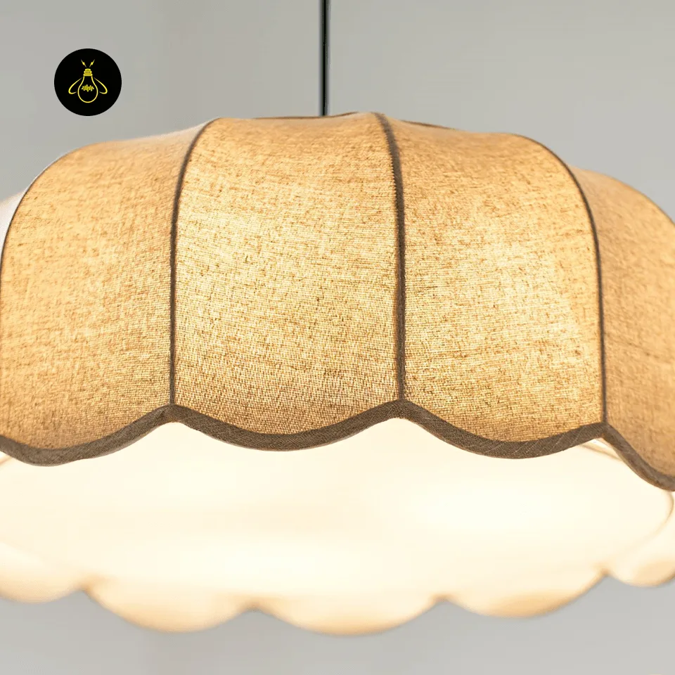 Fabric Pendant Light – Scalloped Beige Linen Shade, 45 cm 4 Close-up of textured beige linen on a scalloped fabric pendant light