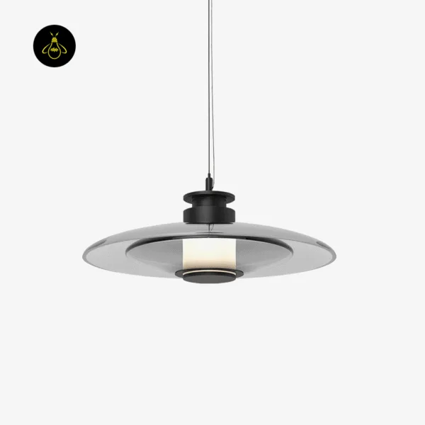Black flying saucer glass hanging light with a smoke-grey disc and short frosted tube, Model A