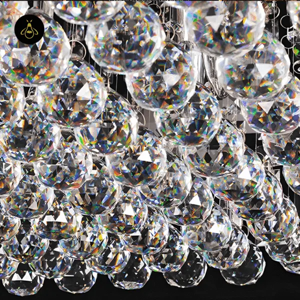 Close-up of faceted K9 crystal balls on a raindrop chandelier