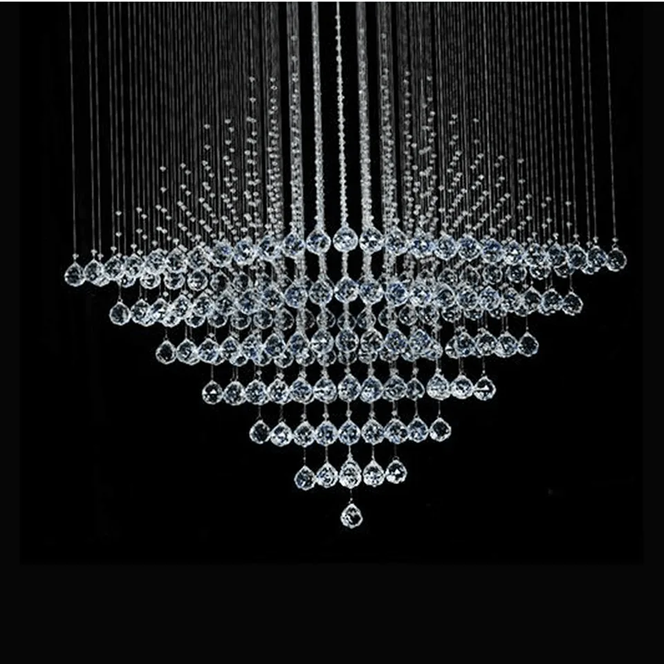 Long Crystal Chandelier – K9 Raindrop Funnel for Staircase & Foyer, 6 Sizes 3 Close-up of clear faceted K9 crystal balls on a long crystal chandelier