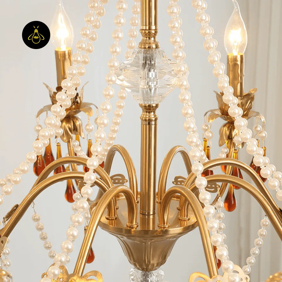 Amber Crystal Chandelier – Gold 80 cm Candelabra Centrepiece 3 Close-up of crystal ball column and pearl strands on the amber crystal chandelier