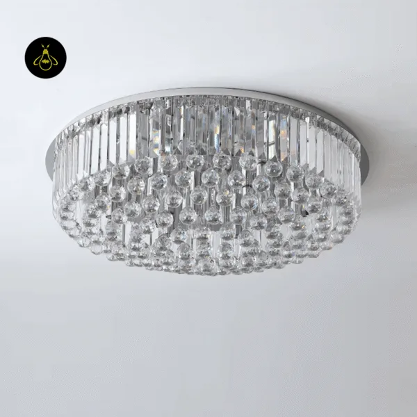 Close-up of clear faceted crystal balls on a chrome crystal ceiling chandelier