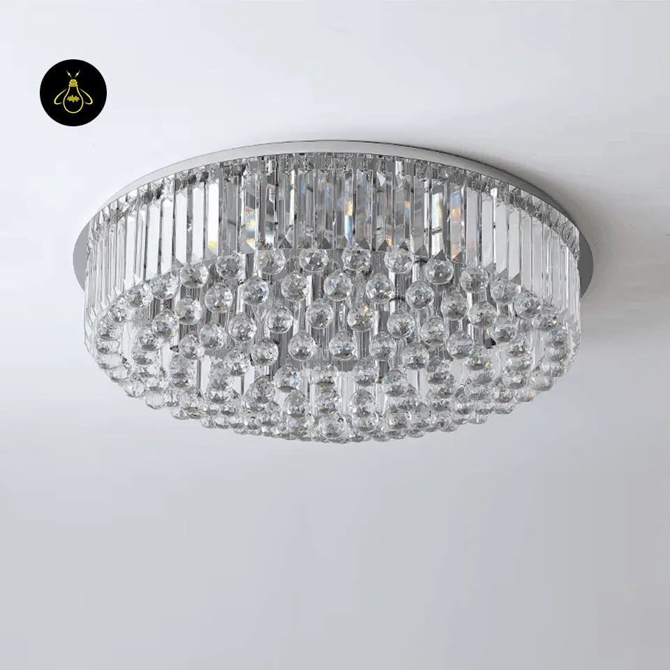 Crystal Ceiling Chandelier – Round Flush-Mount K9, 6 Sizes 8 Close-up of clear faceted crystal balls on a chrome crystal ceiling chandelier