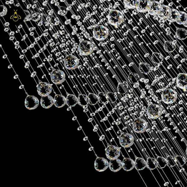 Close-up of faceted K9 crystal balls and octagon beads on a crystal raindrop chandelier